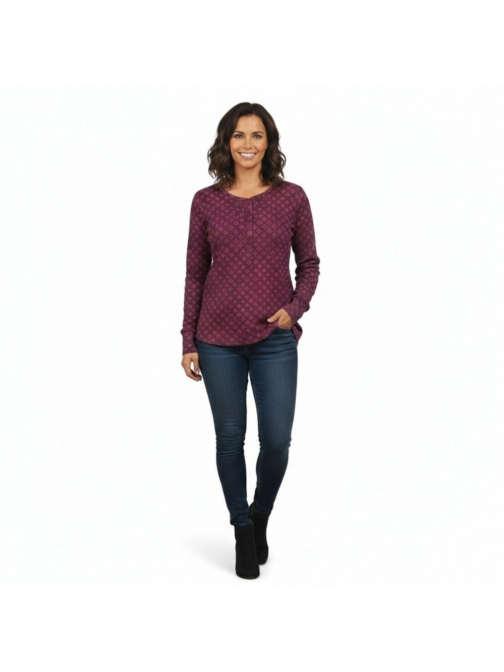 Dalia Burgundy Waffle Knit Henley Top Geometric Print Large L Long Sleeve Soft